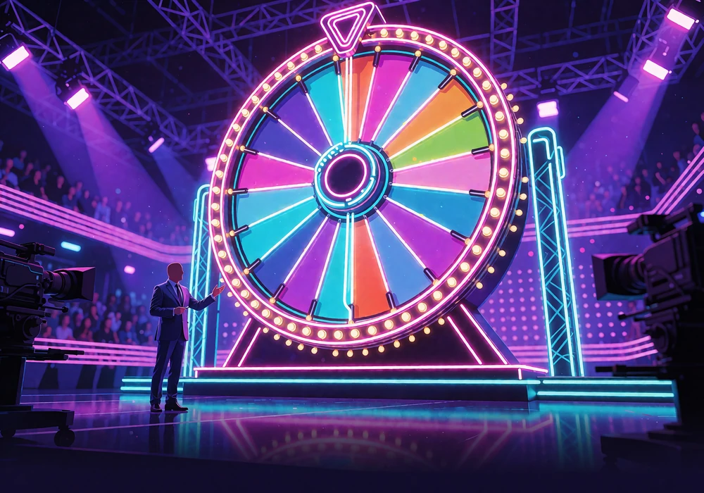 Live game show-studie med et stort lodret pengehjul, en v&aelig;rt i jakkes&aelig;t og neonlys i cyan og magenta