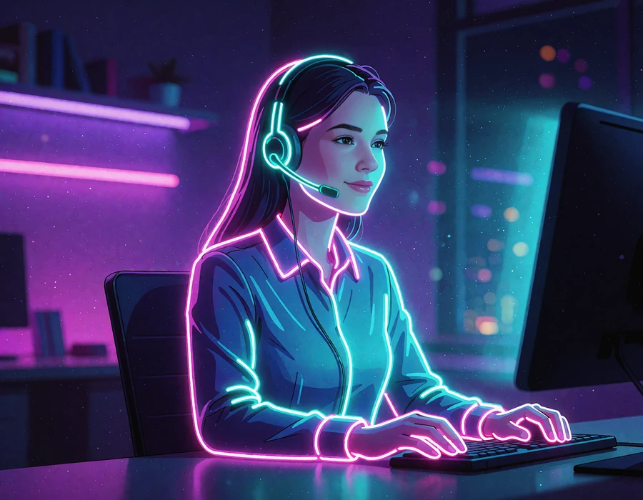 Venlig supportmedarbejder med headset ved et skrivebord i neonlys - V.Vegas live chat og e-mail d&oslash;gnet rundt