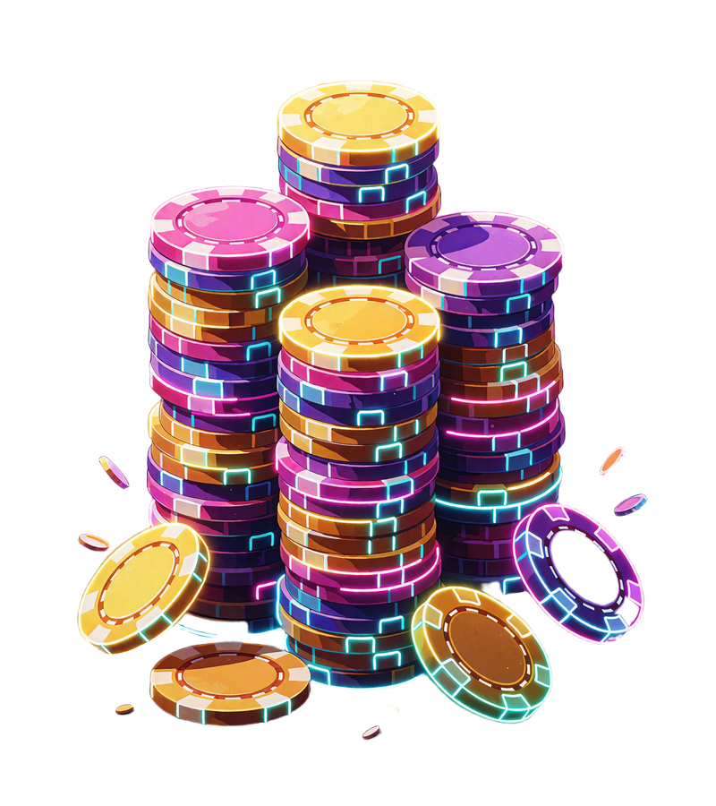 H&oslash;jt t&aring;rn af guld-, magenta- og violette casinochips med gl&oslash;dende cyan kanter - symbol p&aring; VIP-bel&oslash;nninger