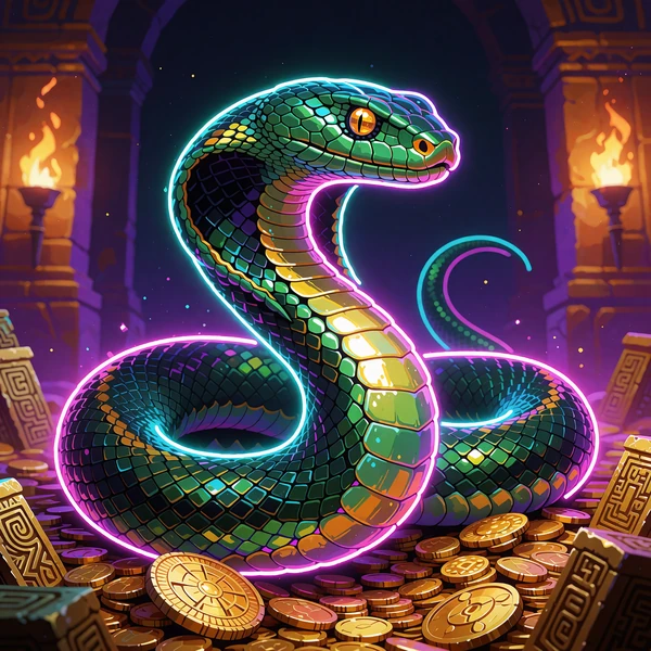 Serpent Gold: Hold & Win - gr&oslash;n slange rejst over en bunke guldm&oslash;nter i et tempel