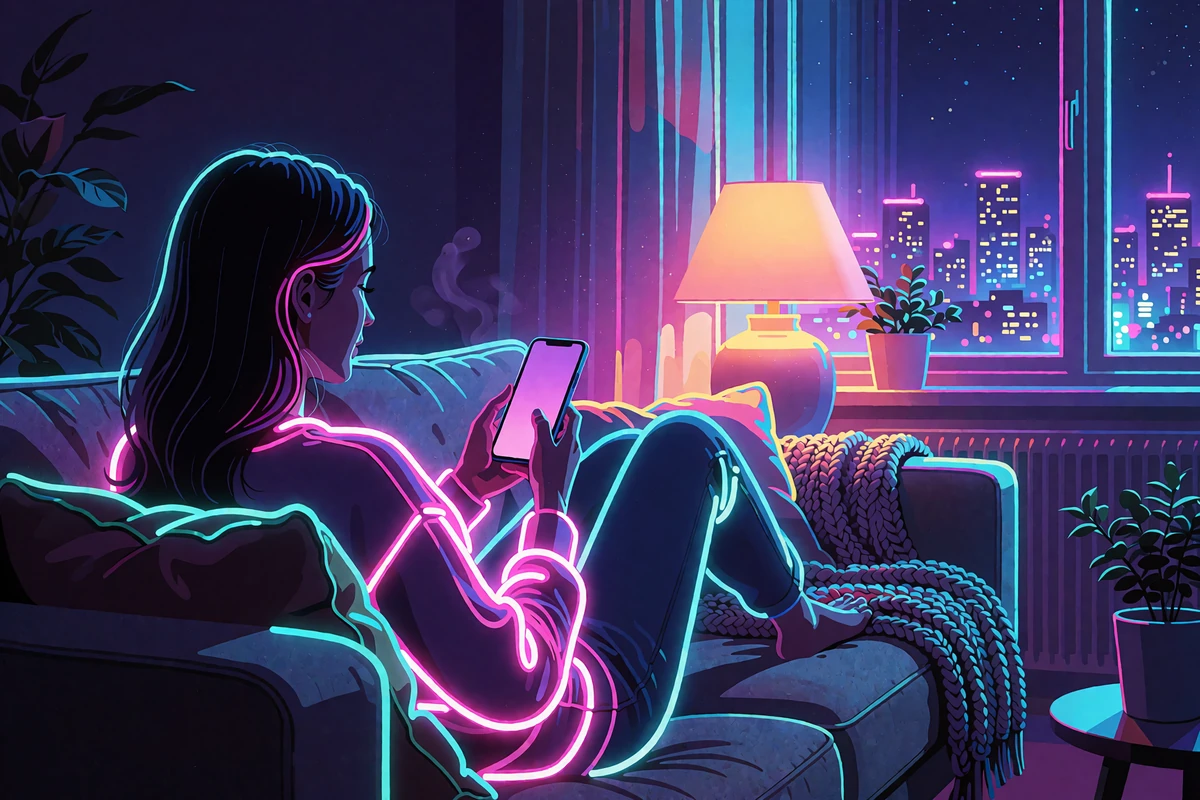 Anonym person p&aring; en gr&aring; sofa med mobil foran et vindue med neonbelyst skyline - en Vegas-aften hjemmefra