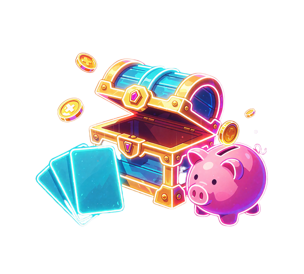 Neonillustration af en &aring;ben skattekiste, tre quest-kort og en lyser&oslash;d sparegris - gamification hos V.Vegas