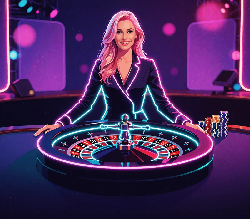 Live casino hos V.Vegas: smilende dealer bag et neonbelyst roulettehjul i et live-studie